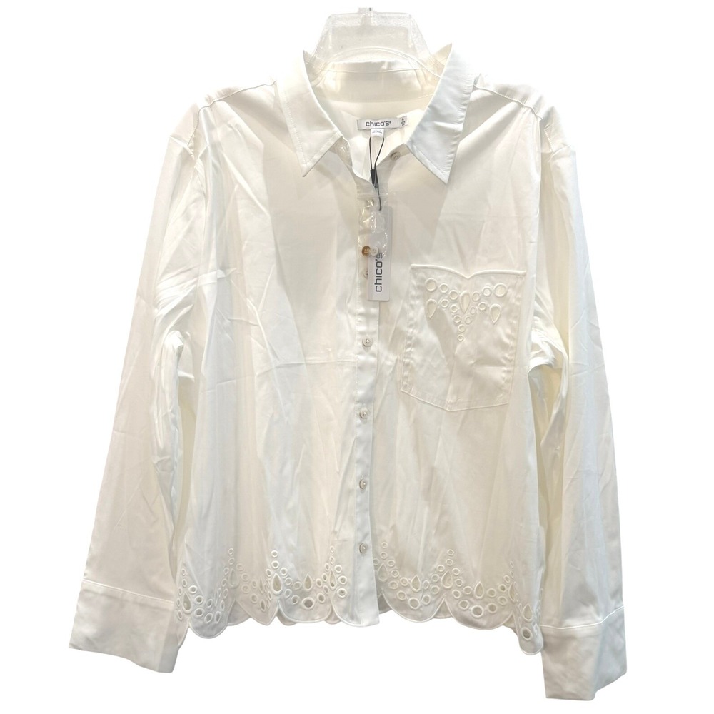 Chico's Alabaster White Eyelet Poplin Blouse Scallop Hem Shirt Size 4 US 20 NEW